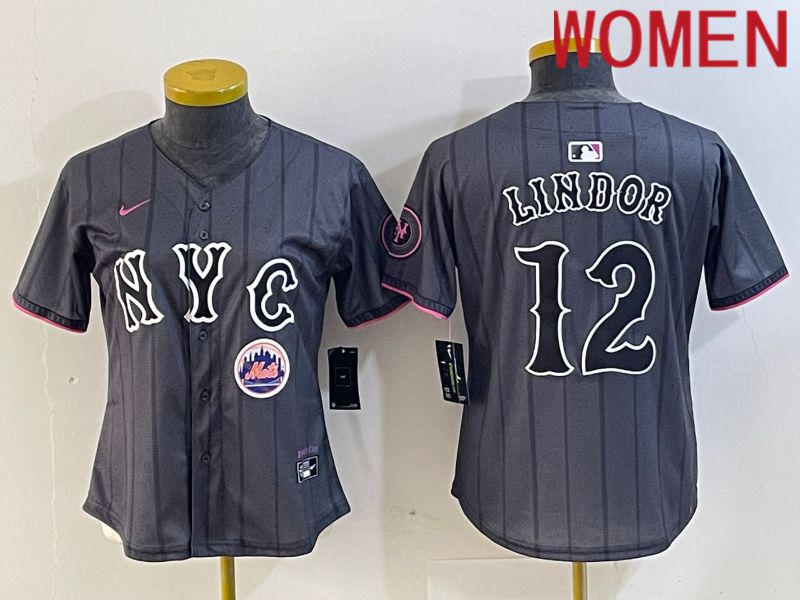 Women New York Mets #12 Lindor Black City Edition 2024 Nike MLB Jersey style 2